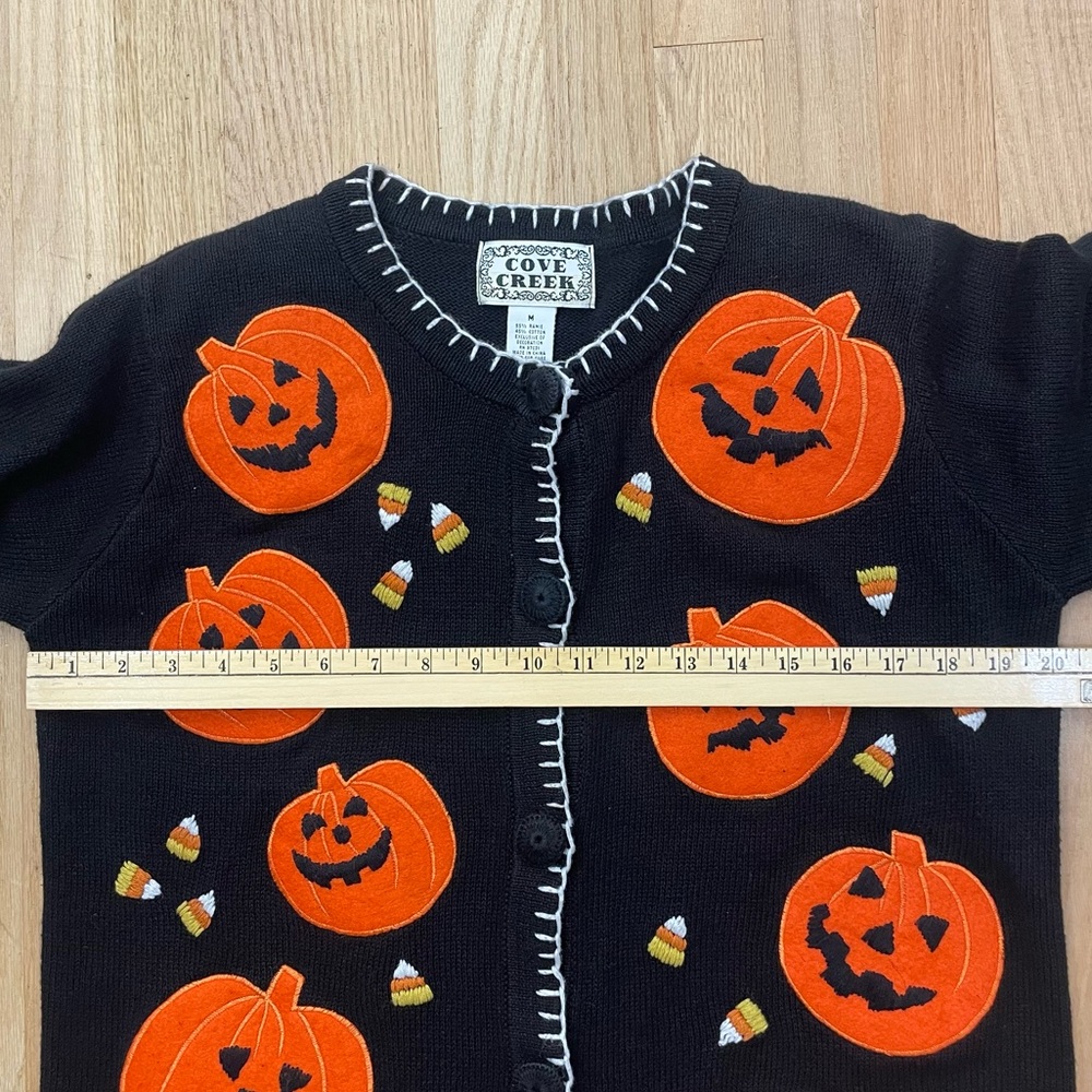 VTG Halloween Cardigan Pumpkin 90s Granny Embroidery Black Med Teacher Sweater - Picture 15 of 16